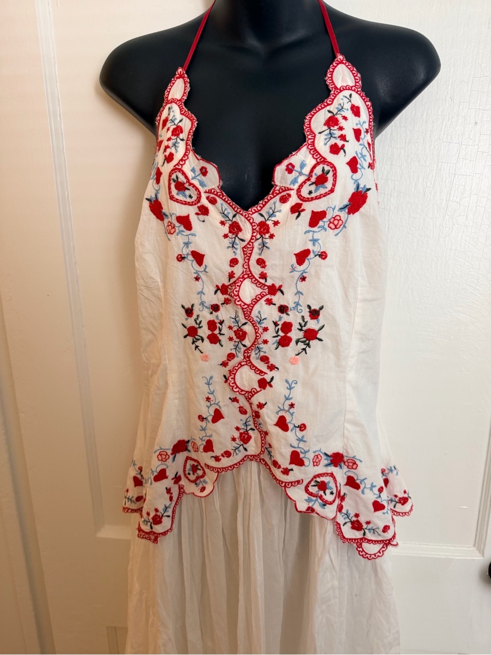 NWT retails 249, Free People White Midi Dress with Red Embroidered Bodice - Picture 6 of 14